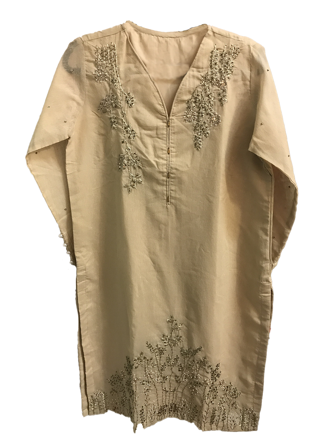Beige Cotton Net Embroidered Shirt With Lining