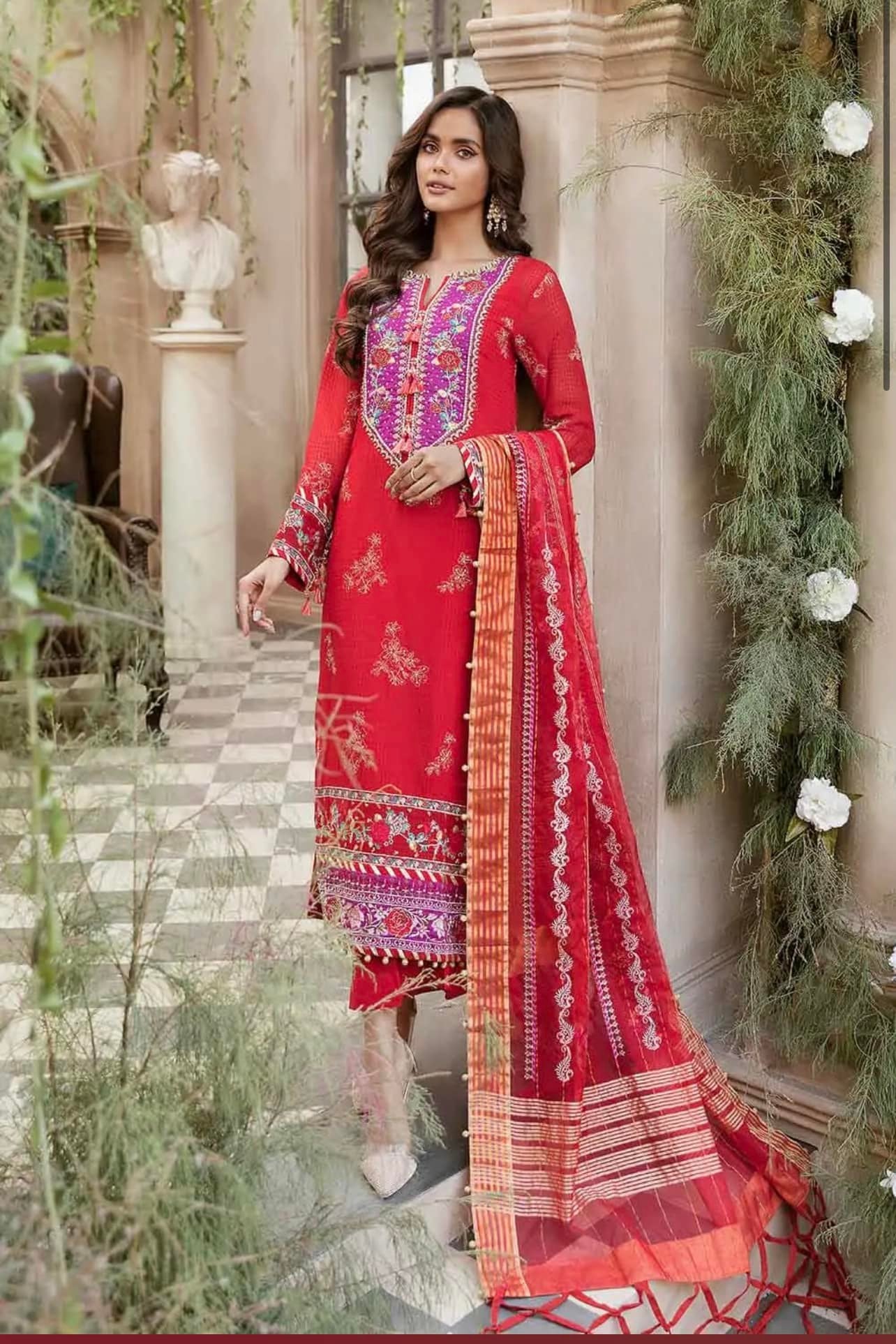 Embroidered Dobby Suit with Organza Dupatta