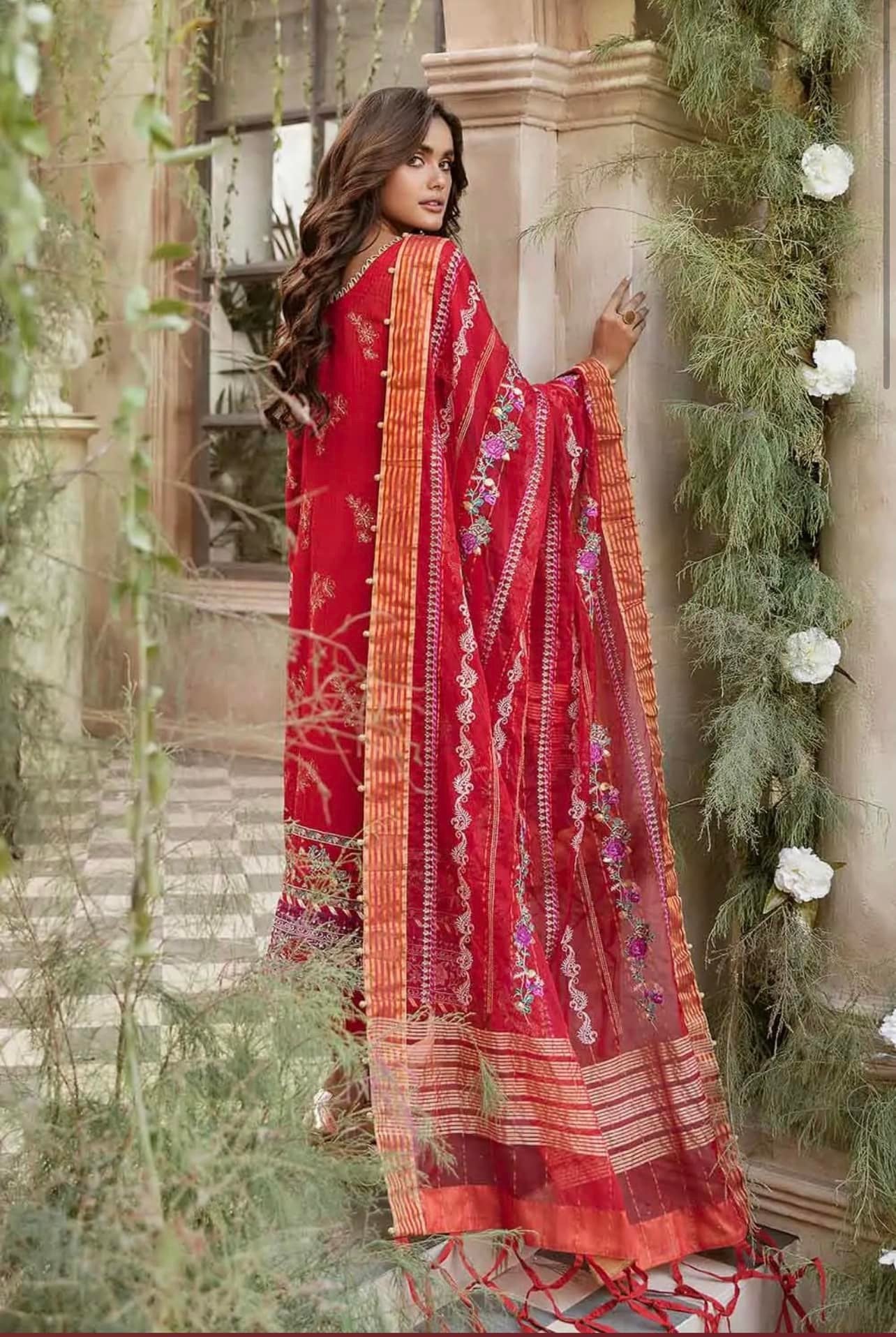 Embroidered Dobby Suit with Organza Dupatta