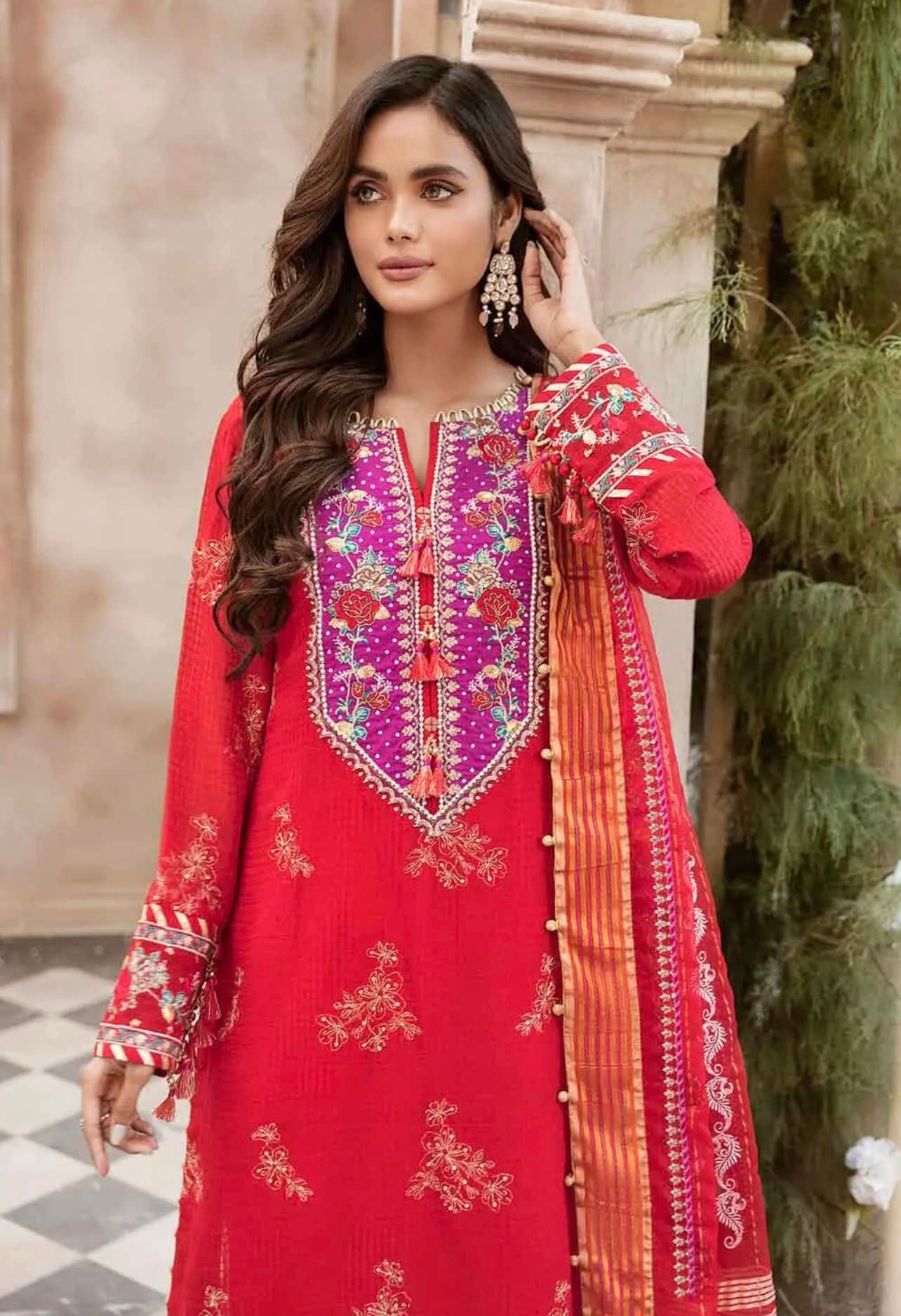 Embroidered Dobby Suit with Organza Dupatta