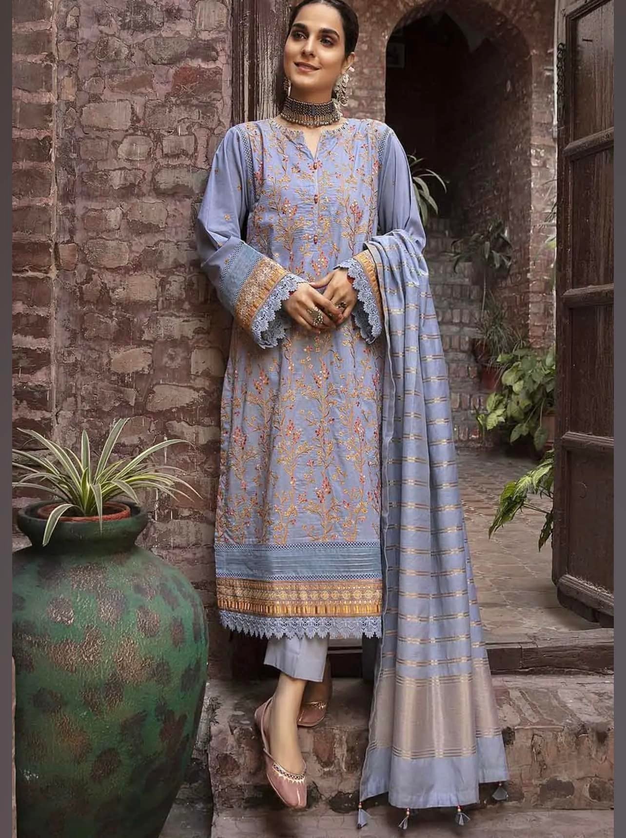 Embroidered Luxury Cotton Suit with Jacquard Dupatta