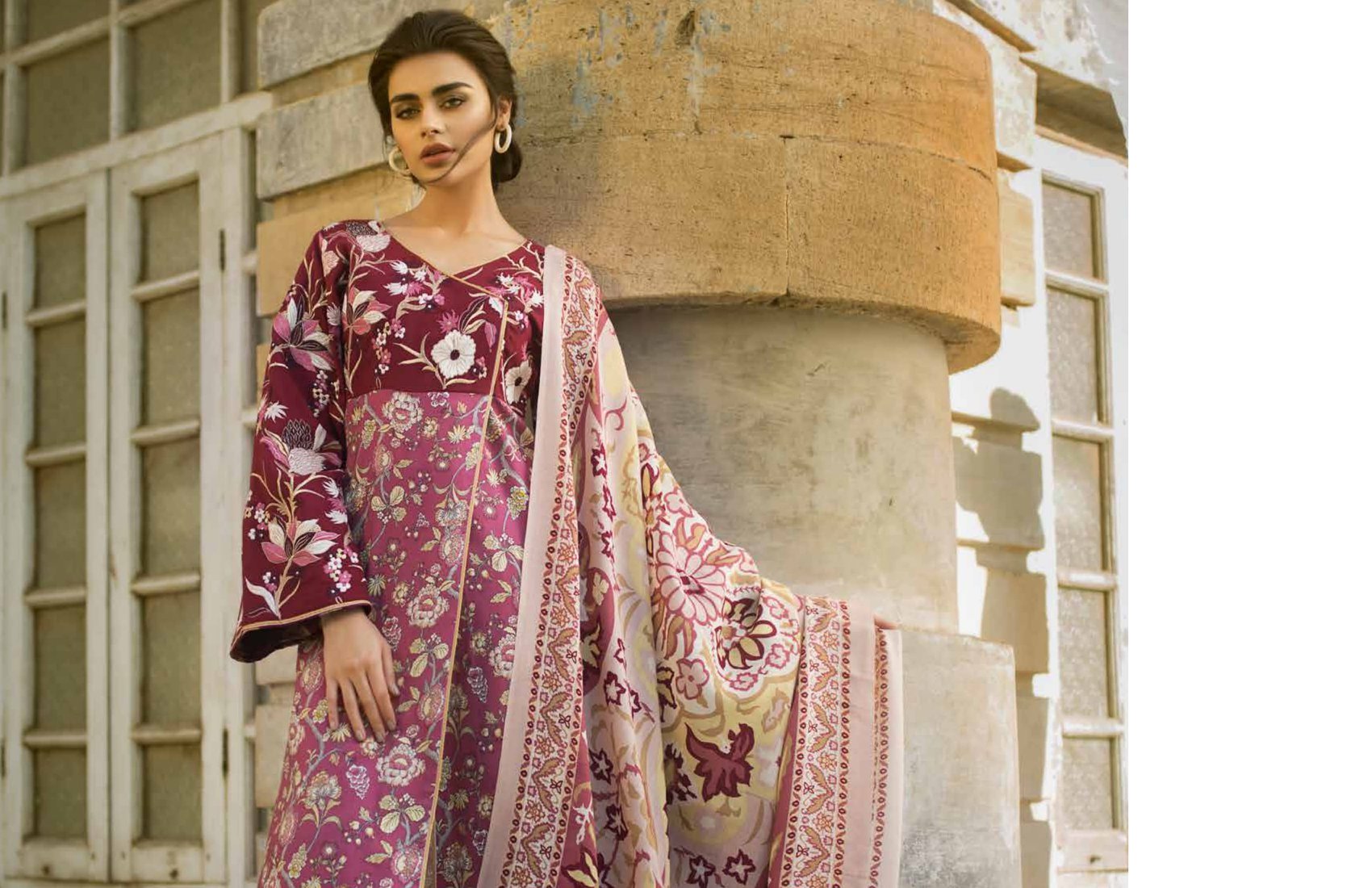 Teena Durrani Shades of Pink Embroidered Dress- Winter Collection