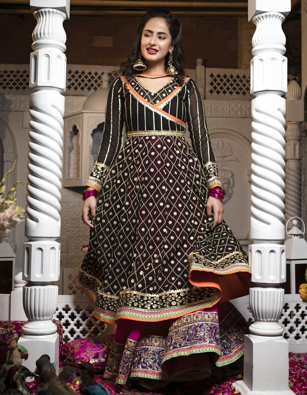 Black Embroidered Chiffon Double Layered And Paneled Outfit With Sequins Floral Motifs Border