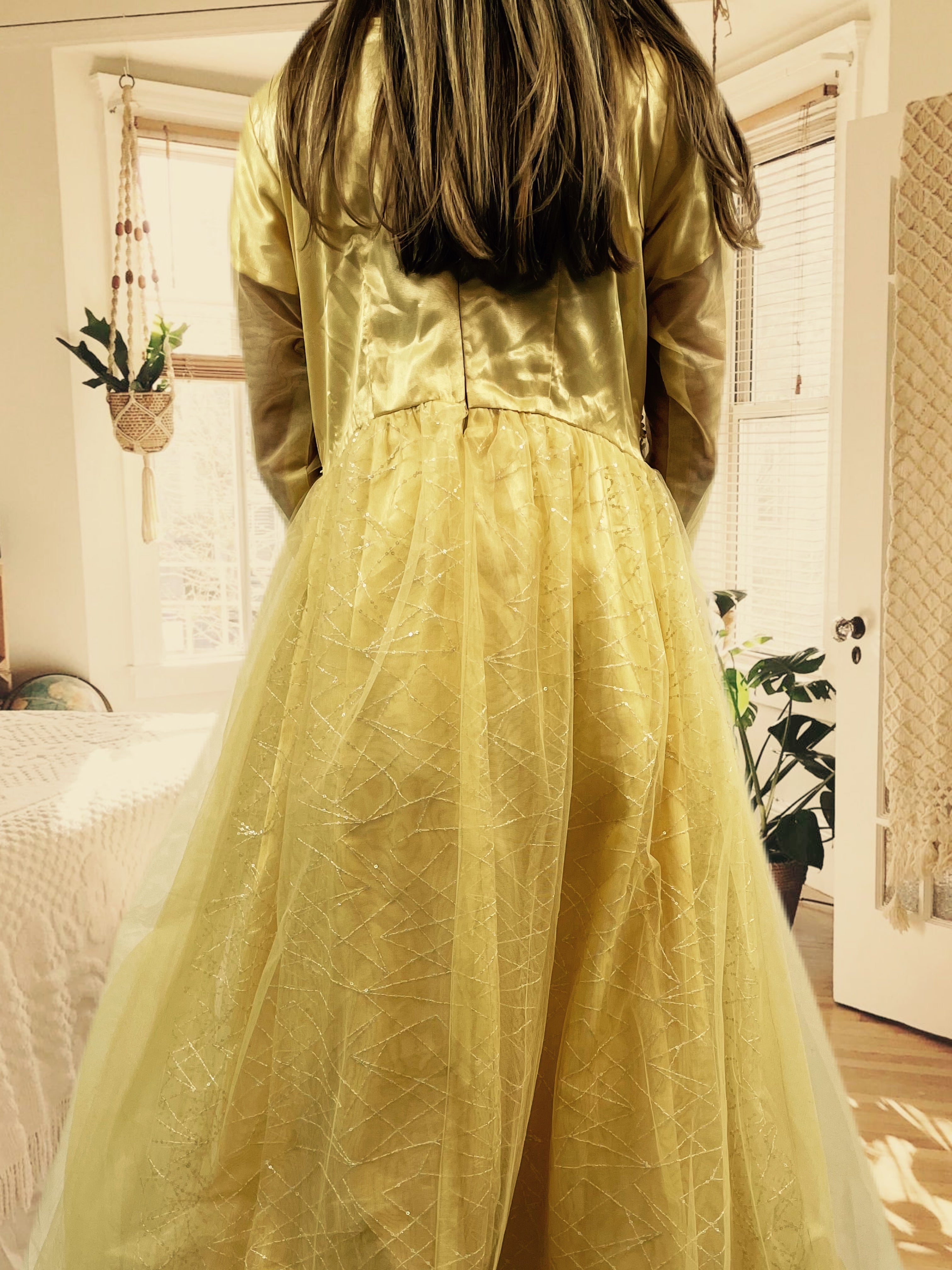 Yellow Gold Lace  Layered Full Gown