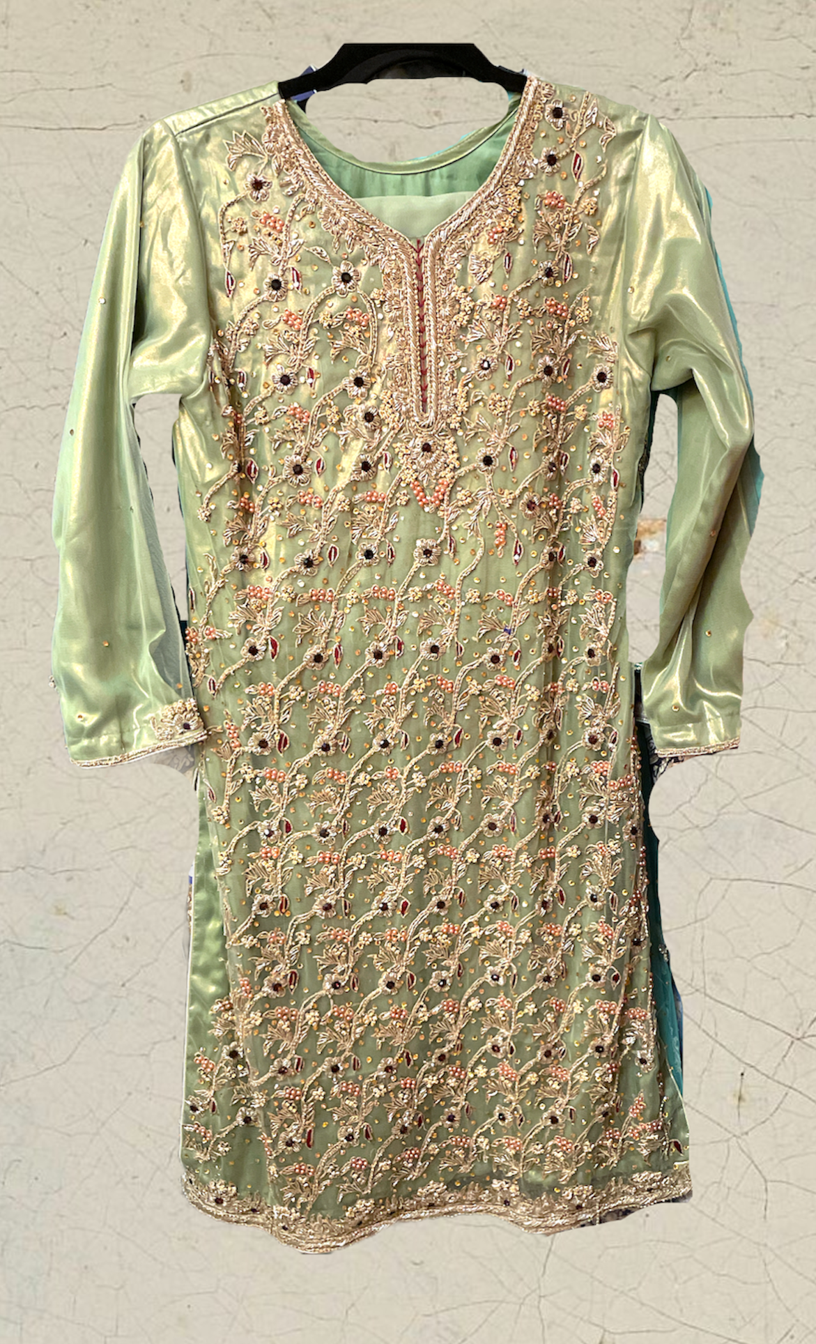 Pistachio Green Formal Heavily Embroidered Dress