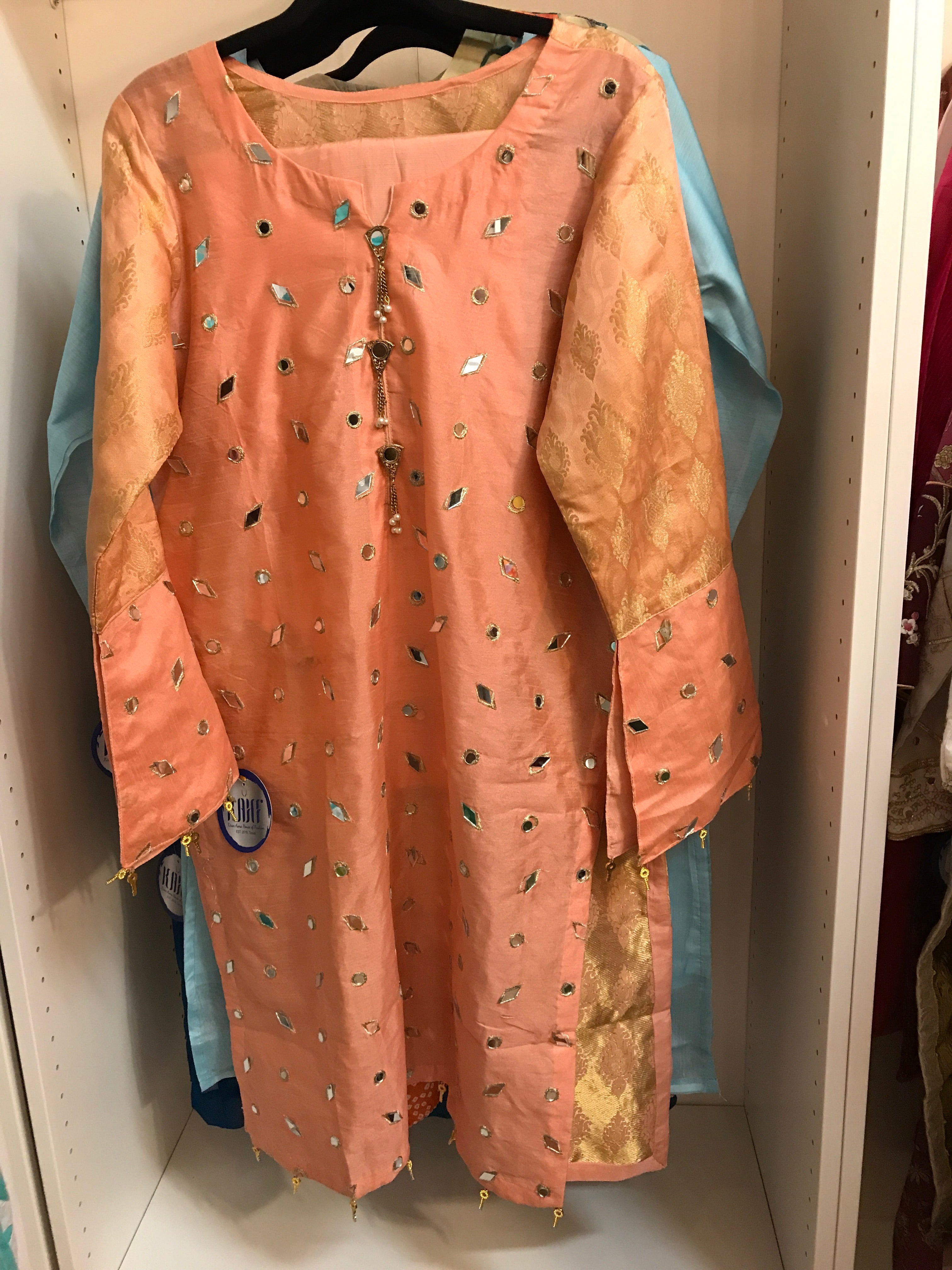 Peach Mirror Worked Embroidered Dress